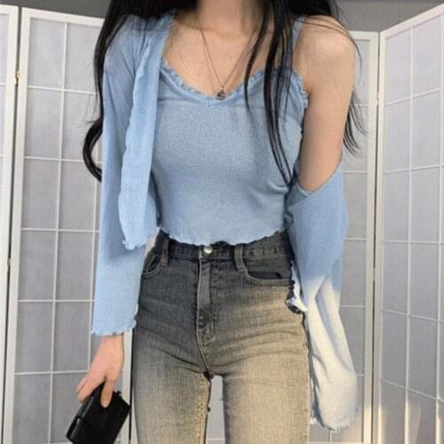 Korean Autumn Summer 2 Piece Set Long Sleeve Cardigans+Solid Sling Vest Female Cardigans Women Thin Coats Ladies Suits JW9534