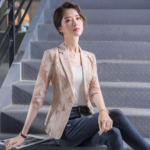 2020 New Spring Summer Women Three Quarter Sleeve Single Button Blazer Fashion Slim Lace Office Lady Suit Coat Outwear F27