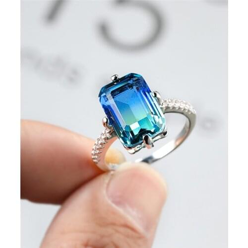 Geometric Blue Green Gradient Zircon Engagement Rings For Women Vintage Fashion Silver Color Rainbow Stone Ring Wedding Jewelry