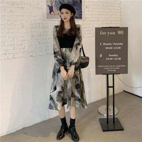 Retro Splash-Ink Tie-Dye Long Sleeve Temperament Dress Autumn Beach Loose Waist Dress 2021 New Style Print Dress Womens Wear