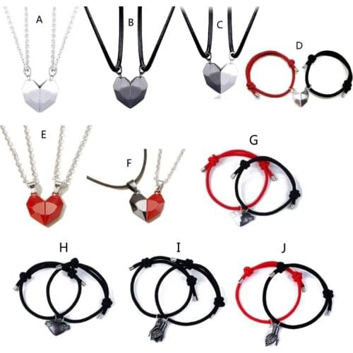 2Pcs Minimalist Lovers Matching Friendship Heart Pendant Couple Magnetic Distance Faceted Heart Pendant Necklace Jewelry