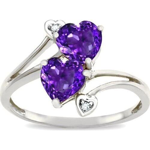 2021 Luxury Silver Color Female Purple Double Heart Love Zirconium Crystal Alloy Ring for Women Party Jewelry Accessories