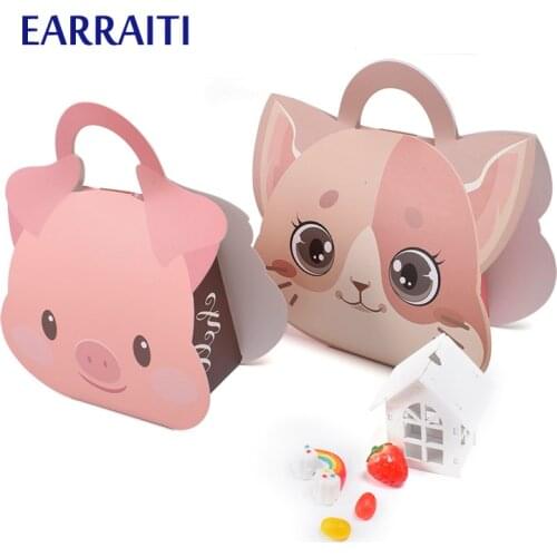 50PCS Paper Gift Box Packaging Cat Pig Animals Box Gift Cookies Candy Kids Birthday Party Favors Piggy Cardboard Box Handle Cake