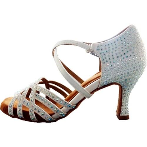 Evkoodance Women Party Dance Shoes Satin Shining Rhinestones Soft Sole Silver Latin Dance Shoes Woman Salsa Dance Shoes heel