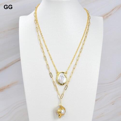 GG Jewelry Natural Cultured White Pearl White Quartzs Druzy Charm Chain Layers Necklace Pendant For Women Lady