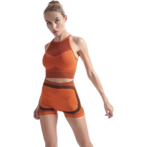 CXUEY Seamless Fitness Wear Yoga Set Woman Mesh Shorts Sports Suit Workout Clothes for Women Gym Clothing Tracksuit Women Orange
