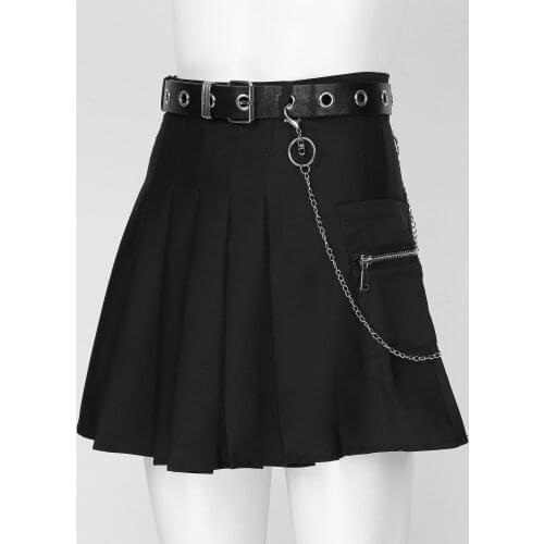 Girls High Waist A-Line Pleated Mini Skirt Women Summer Slim Skirts with Pocket Chain Belted Girls High Street Dance Club Wear