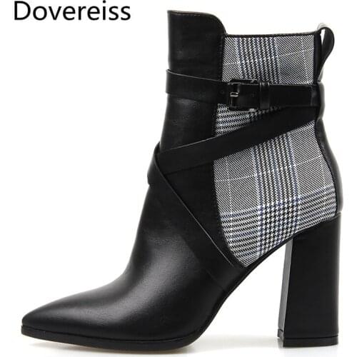 Dovereiss Fashion Womens Shoes Winter Concise Sexy Pure color Buckle Pointed toe Clear Heels Boots Ankle boots Block heels36-41