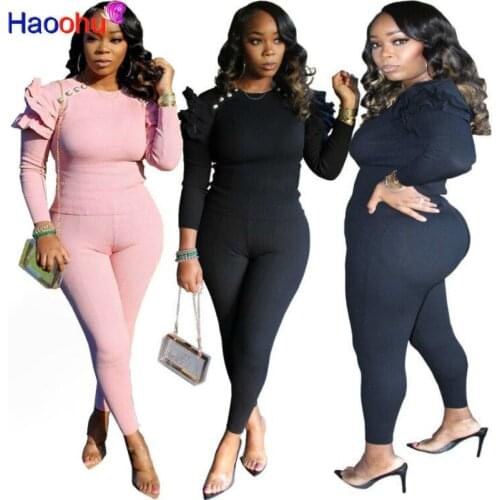 HAOOHU Activewear Knitted Womens Set Button Ruffles Long Sleeve Sweater Legging Pants Set Tracksuit Two Piece Set Outfits