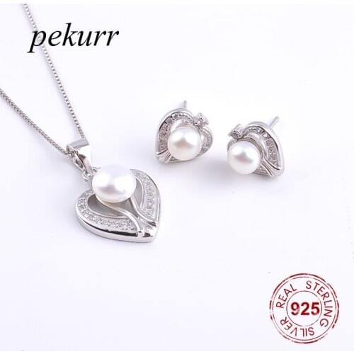 Pekurr 925 Sterling Silver Zircon Streak Heart Freshwater Natural Pearl Earrings Necklace Sets For Women Pendants Jewelry Set