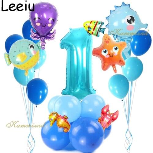 Leeiu Under Sea Ocean World Animal Balloons Blue number balloon Sea Party Theme Kids happy Birthday Party Decoration Baby Shower