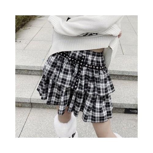Summer Hot Girl Gothic Harajuku Black White Check Rivet Punk Double Cake Skirts Fashion High Waist Sweet Kawaii Mini Skirts