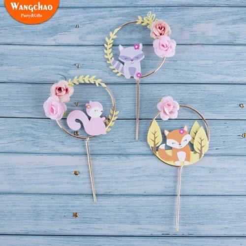 Cute Forest Animals Theme Cake Topper Fox Squirrel Flower Wreath Garland Cake Decoration Child Birthday Party Favors