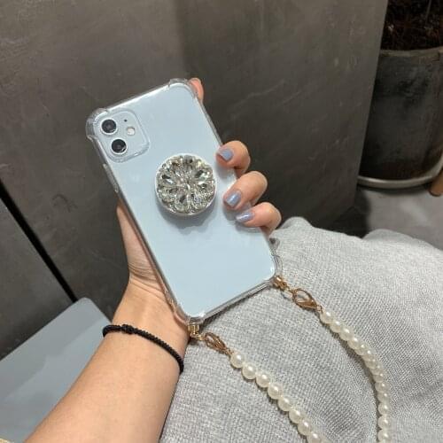 Cute Pearl Lanyard Wrist Strap Phone case For Samsung S20FE S21 Ultra A50 A70 A90 A10S Bracelet Transparent Holder Stand Cases