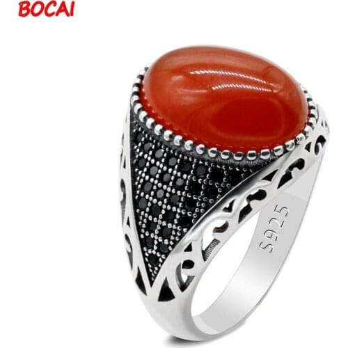 New 925 Silver Black Zircon Hollow Red Agate Mens Ring