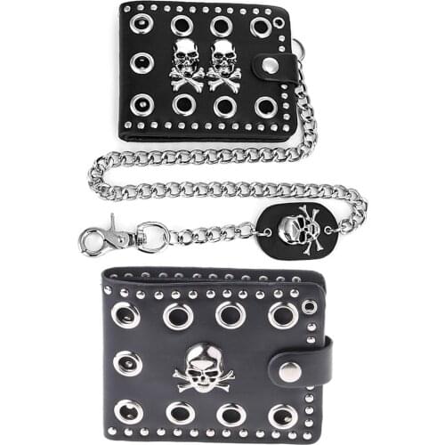 THINKTHENDO Leather Cool Punk Gothic Western Skull Clutch Purse Wallets With Chain For Men