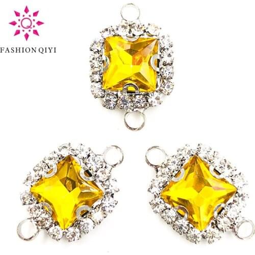 NEW 8mm 10pcs/bag Double loop sew on rhinestones Gold yellow glass crystal square Silver bottom Crystal button DIY accessories