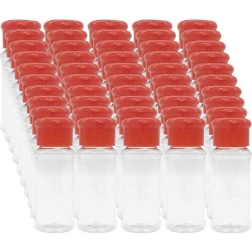New Set of 50 Empty Plastic Spice Bottles for Storing Barbecue Seasoning Salt Pepper Etc. 100Ml / 3.3Oz, Red
