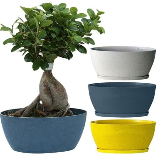 Oval Solid Color Plastic Flowerpot Plant Container with Tray Office Home Decor