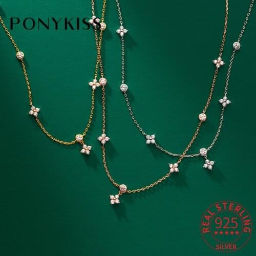 PONYKISS Real 925 Sterling Silver Four-leaf Flower Zircon 14K Gold Chokers Necklace For Women Vintage Fine Jewelry Drop Shipping