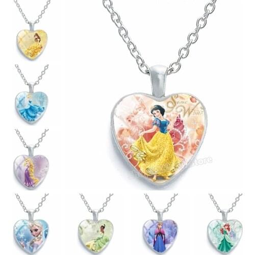 Disney Animation Frozen Princess Series Heart Shape Time Stone Pendant Necklace Women Girls Birthday Valentines Day Gifts