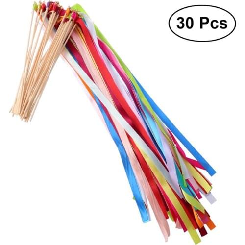 30pcs Colorful Stain Ribbon Wedding Stick Mixed Color Fairy Stick Wish Wands With Bell For Wedding Holiday Party Celebration