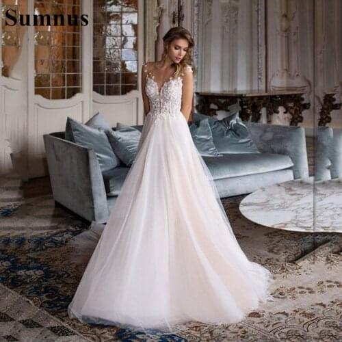 Sumnus Boho Lace Wedding Dress Sleeveless Appliqued Beach Bride Dress A-Line Tulle Bride Wedding Gowns vestido de novia