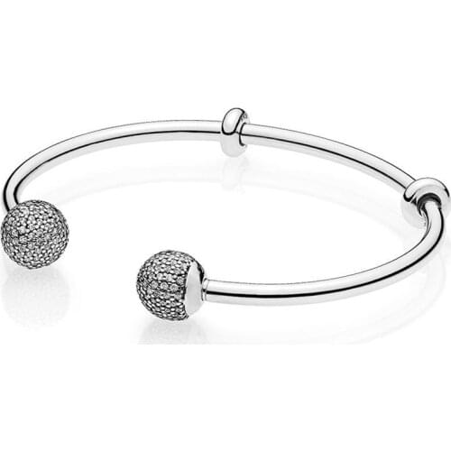 Authentic 925 Sterling Silver Moments Pave Caps Fashion Open Bangle Fit Pandora Women Bead Charm Bracelet Gift DIY Jewelry