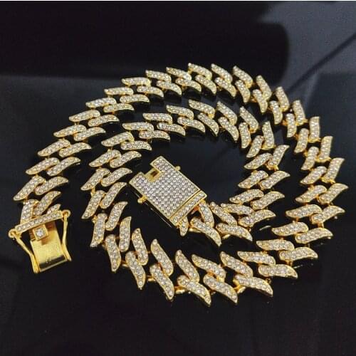 Hip Hop 20MM Iced Out Full Bling Rhinestone Mens Thorns Bracelet Prong Cuban Link Chain Bracelet Necklace for Men Women Jewelry