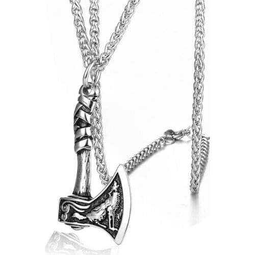 Stainless Steel Vintage Viking Celtic Wolf Axe Pendant Necklace Jewelry Gift For Him with Chain