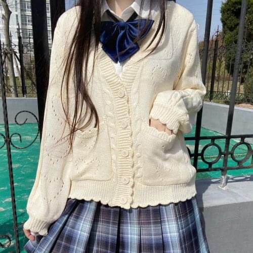 Japanese cardigan jacket hollow all-match knitted sweater 2021 autumn and winter fashion new long-sleeved v-neck solid color top