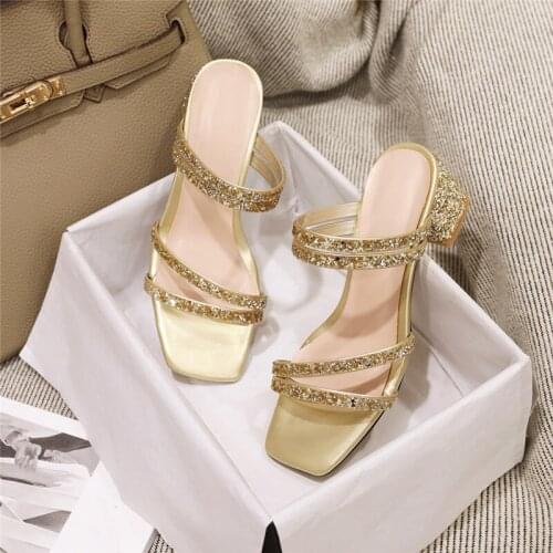 YQBTDL Fashion Summer 2020 Party Womens Slippers Block High Heels Gold Silver Glitter Narrow Band Women Slides Plus Size Shoes