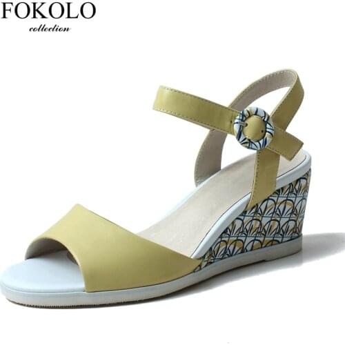 FOKOLO Sandals Women Buckle Ankle Strap Genuine Leather Wedges 2020 New Summer Casual Beach Vacation Ladies Shoes Handmade L7