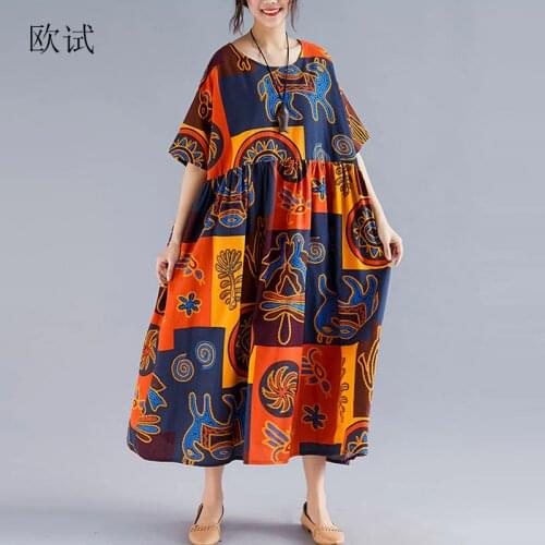 Plus Size Ethnic Vintage Print Dress Women Summer Long Cotton Linen Plaid Dress Casual Loose Ladies Dresses 4XL 5XL 6XL 2020 New