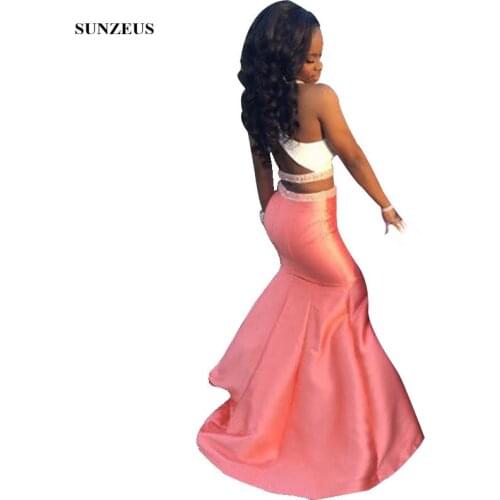 Sequins Beaded Sparkle Two Pieces Prom Dresses Halter White Pink Taffeta Evening Party Dresses Mermaid Graduation Gown S1140