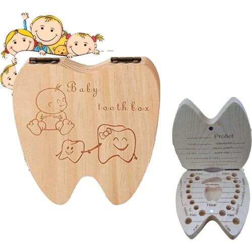 Baby Wooden Tooth Portuguese/English /Spanish/ French /Czech Tooth Box Wooden Milk Teeth Organizer Storage Souvenir Case