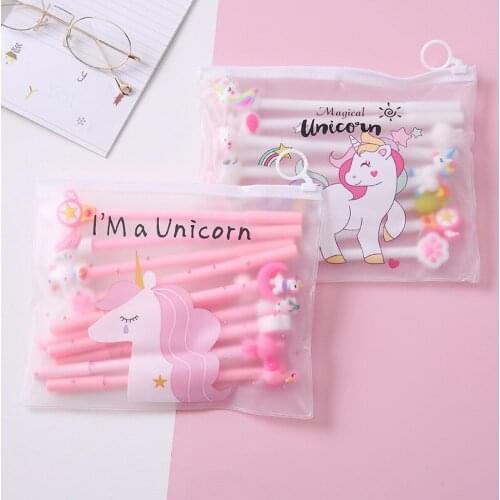 10Pcs / Set Gel Pen Cute Unicorn Kawaii Pony 0.5m Black Gel Ink Pen School Stationery Office Suppliers Student Cute Pens Gifts