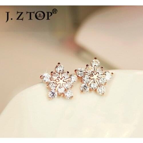 JZTOP Full Rhinestone Snowflake Stud Earrings Fashion Small Fresh Metal Crystal Flowers Star mini Earrings Short Earring Gift