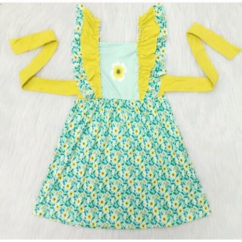 Summer new style girl dress yellow flowers fashion girl frocks with belt kids ruffle sleeve dresses