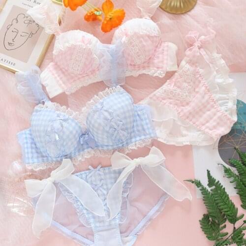 Cute Plaid Maid Style Bra & Panties Set Underwire Soft Underwear Sleep Intimates Set Kawaii Lolita Lace Sexy
