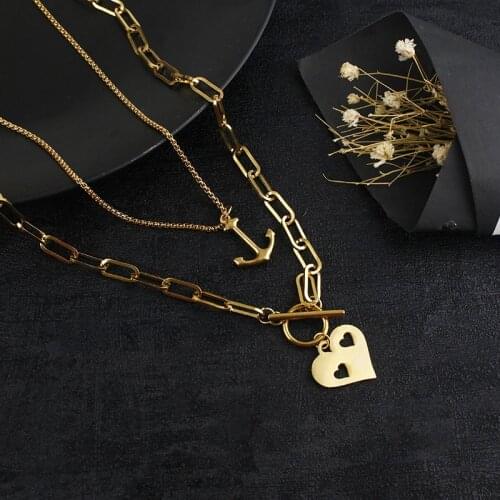 Golden Anchor Heart-shaped Multilayer Necklace Stainless Steel Love Pendant Holiday Travel Beach Couple Jewelry Gift