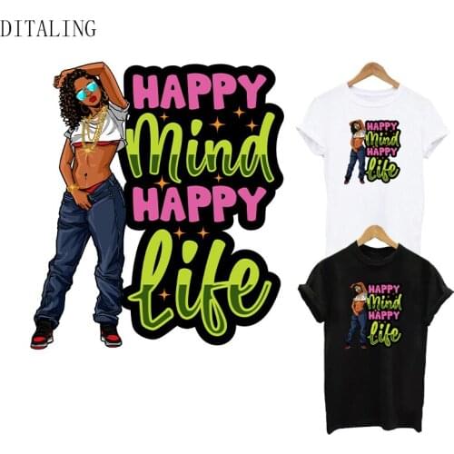 Fashion Black Girl Patch For Clothing Happy Mind Happy Life Thermal Stickers Iron On Transfers Decals DIY Washable T-Shirt Patch