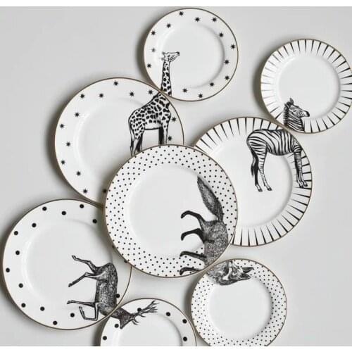 2 Pcs 6&8 Inch Animal Combined Plates Set Ceramic Plates Fox Elk Giraffe Zebra Pattern Plates Steak Breakfast Cake Fruits Dish