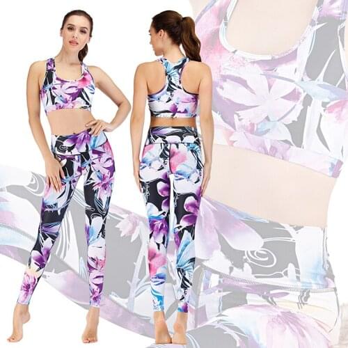 New Womens Yoga Sets Sport Suits Push Up Bra Fitness Leggings Slimming Elastic Workout Clothes Flowers Sexy Gym Sportswear S-XL