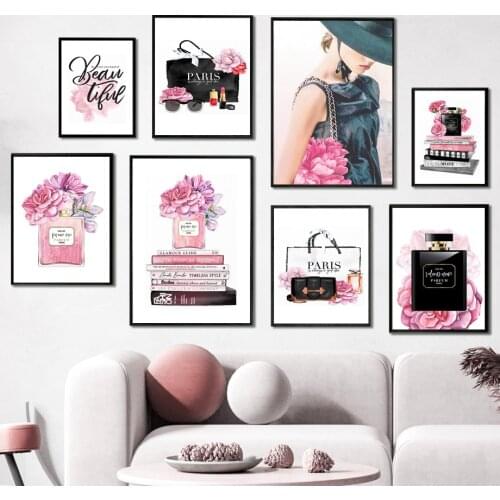 Paris Perfume Lipstick Bag Book Fashion Girl Art Canvas Painting Nordic Posters And Prints Wall Pictures For Living Room Decor