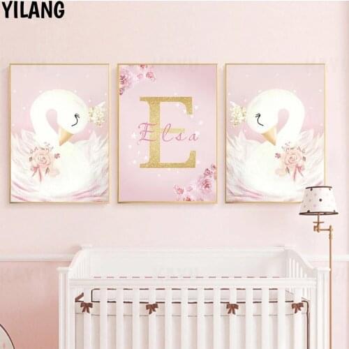 Swan Posters Custom Name Wall Art Canvas Painting Flowers Picture Nursery Art Print Nordic Poster Prints Baby Girl Bedroom Decor