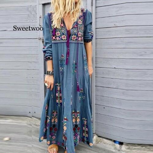 Women Plus Size V Neck Print Lace Up Long Sleeve Boho Dress Party Maxi Dress robe longue femme 2020