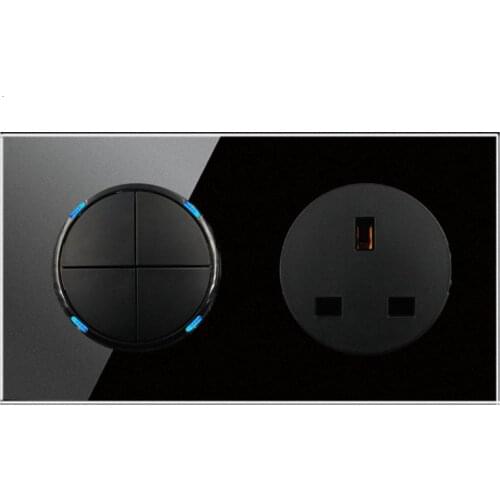 146 Type 4 gang 2 way UK switch Crystal Tempered Pure Glass Panel 13a Double Eu Standard Wall Power Socket Grounded black