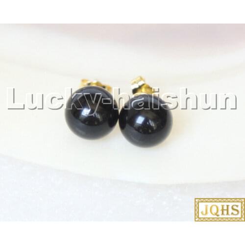 AAA natural Studs 10mm round black agate beads Earrings 14K gold post c300