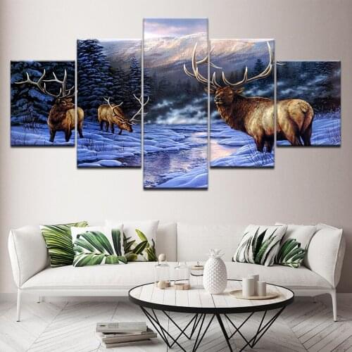 Modern Canvas Home Decor Poster Living Room Frame 5 Pcs HD Prints Animal Elk Deer Paintings Wall Art Snow Mountain Moose Picture